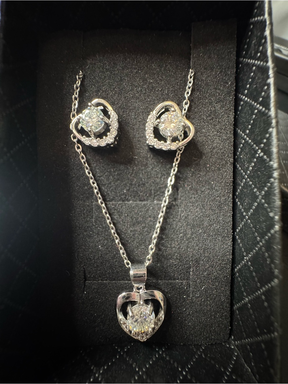 Silver Heart Pendant Necklace and Stud Earrings Set with Clear Stones